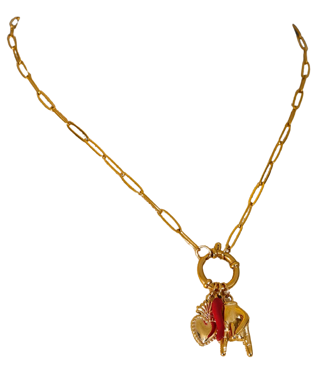 Gold Palm Red Chili Heart Charms Pendant Necklace