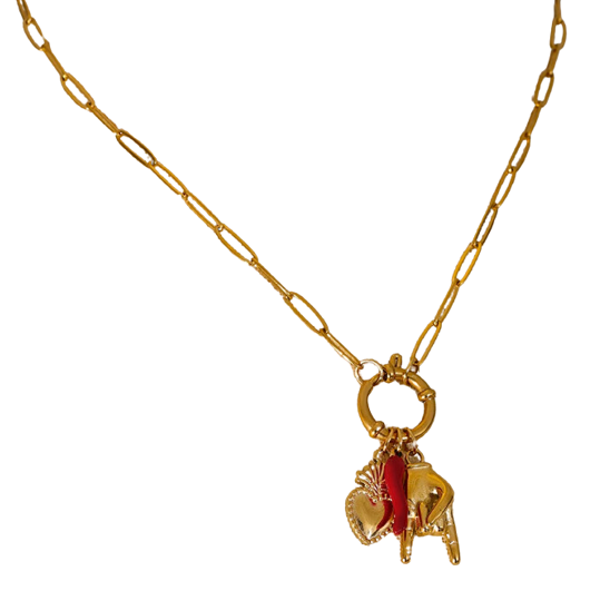 Gold Palm Red Chili Heart Charms Pendant Necklace