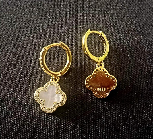 Gold Sterling Silver Mother Of Pearl Clover Drop Hoop Earring | Hoop Agate & Diamond Flash Cubic Zirconia Earring|Elegant Bracelet for Women