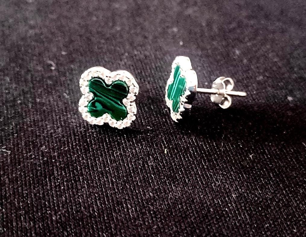 Gold Sterling Silver Malachite Clover Stud Earring | Hoop Agate & Diamond Flash Cubic Zirconia Stud Earring| Elegant Bracelet for Women