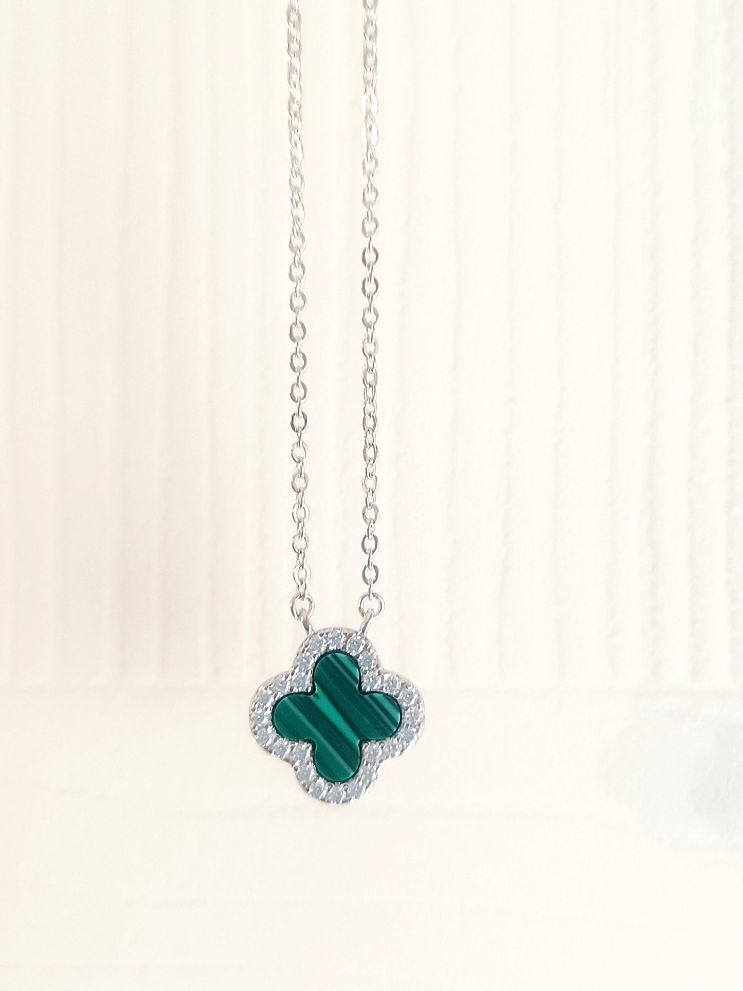 925 Sterling Silver Malachite Four Leaf Clover Necklace | Adjustable |Dainty Charm Pendant | Premium AAA Cubic Zirconia,A Lucky Gift for Her