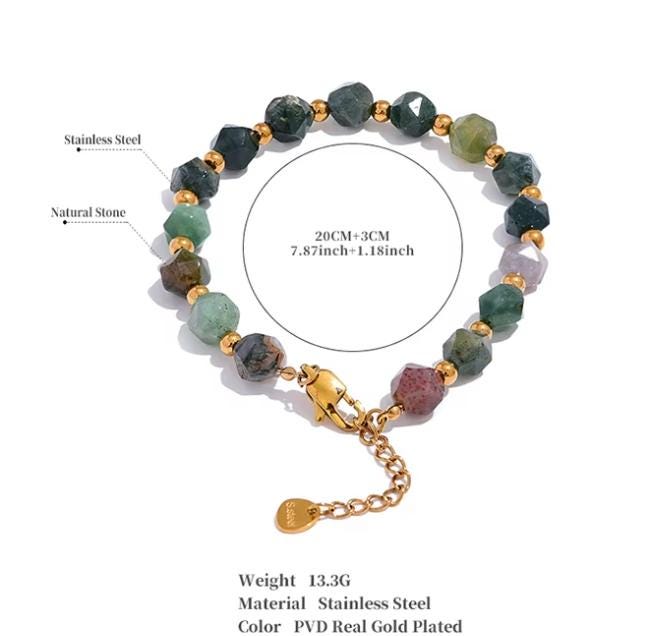 Indian Agate Stone Beaded Bracelet for Men Handmade | 18K Gold PVD Plated Stainless Steel | Waterproof & Durable