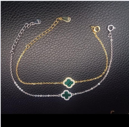 925 Sterling Silver Malachite Clover Bracelet |Pearl & Diamond Flash Cubic Zirconia Clover Bracelet | Lucky Clover Bracelet for Women