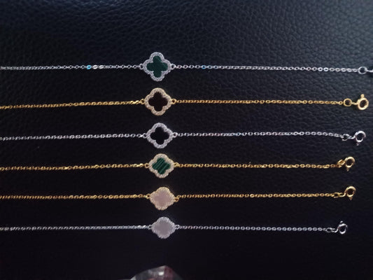 925 Sterling Silver Malachite Clover Bracelet ,Pearl and Agate Clover Bracelet |Diamond Flash Cubic Zirconia Clover Bracelet for Women