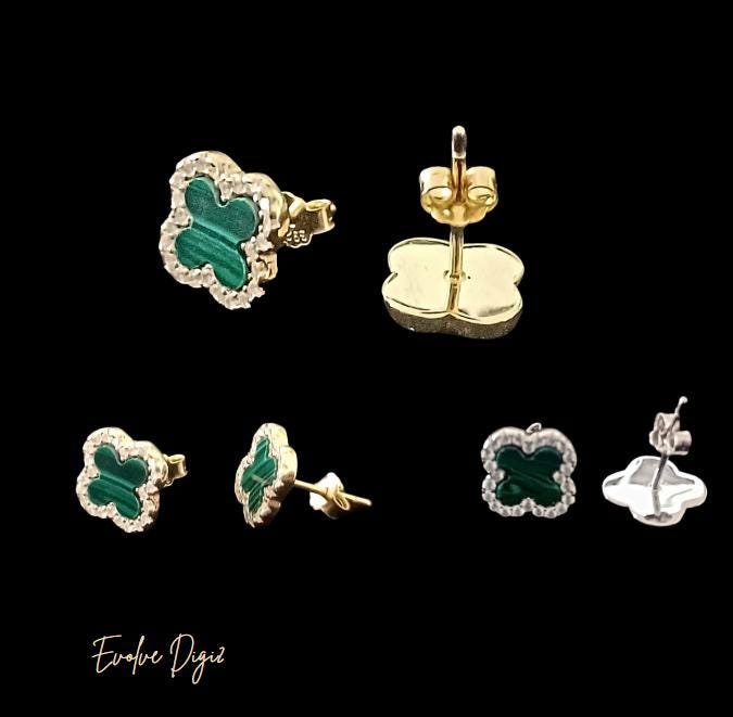Gold Sterling Silver Malachite Clover Stud Earring | Hoop Agate & Diamond Flash Cubic Zirconia Stud Earring| Elegant Bracelet for Women