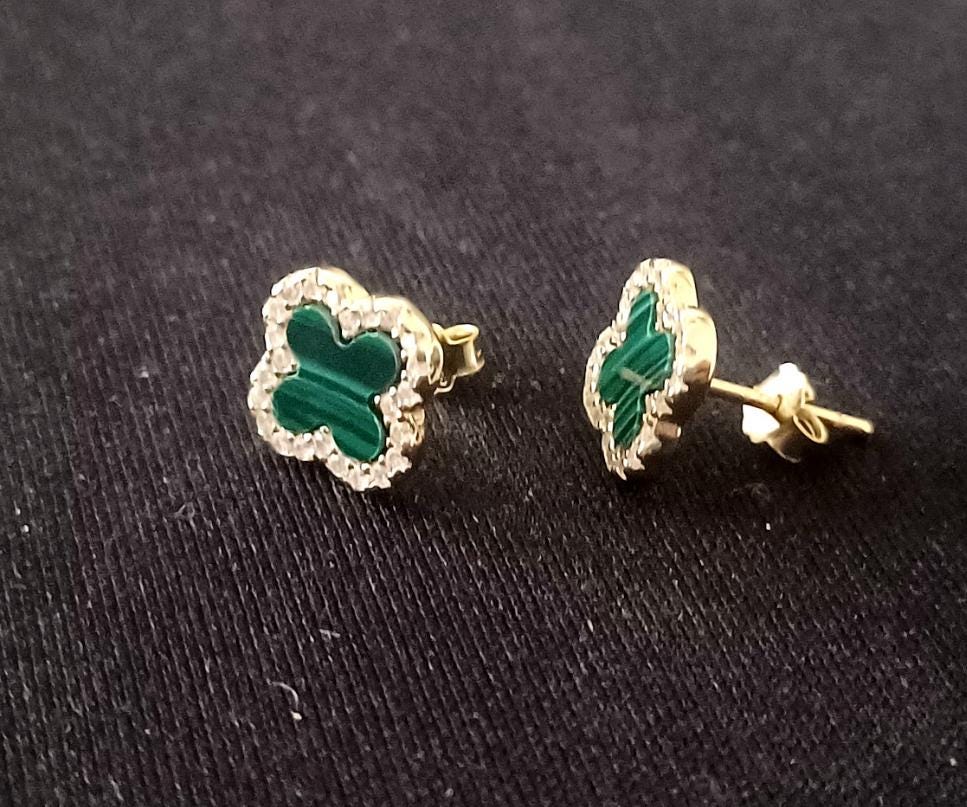 Gold Sterling Silver Malachite Clover Stud Earring | Hoop Agate & Diamond Flash Cubic Zirconia Stud Earring| Elegant Bracelet for Women