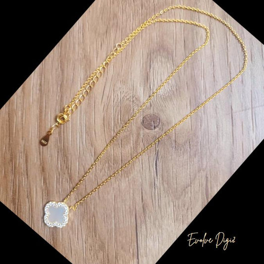 925 Sterling Silver Pearl Clover Necklace | Adjustable Gold Dainty Charm Pendant| Diamond Flash Premium AAA Cubic Zirconia | Gift for Her